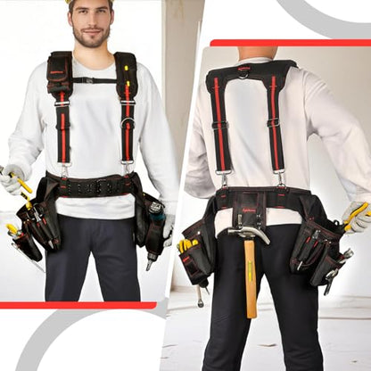 Heavy Duty Tool Belt with Padded Suspenders – Adjustable Construction Tool Rig with Multi-Pouch System – Framing & Electrician Waist Belt for Men（Adjustable one sizeZ)