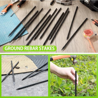 Jetec 12 Pcs 12 Inch Black Ground Rebar Stakes Heavy Duty Ground Anchors Steel Plant Support Garden Stake Long Straight Metal Spikes with Chisel Point End for Garden Concrete Plant Tent - size: 12 Inch
