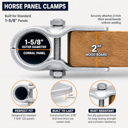 8-Pack Horse Panel Clamps for Wood Boards, Heavy-Duty Galvanized Steel, Fit 1-5/8" Livestock Corral Panels, Securely Attach Lumber to Horse Stalls & Round Pens