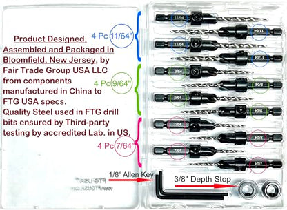 FTG USA 12 Pc Set (4 Each #4#6#8) Tapered Countersink Drill Bit Hex Shank - size: #4#6#8, style: Same Sort 4 Pc