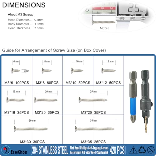420PCS Wood Screws Assortment Kit, #4 Self Tapping Screw Set (9 Sizes) - size: SS304 M3