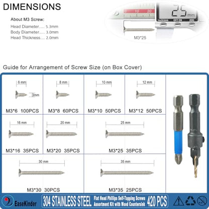 420PCS Wood Screws Assortment Kit, #4 Self Tapping Screw Set (9 Sizes) - size: SS304 M3