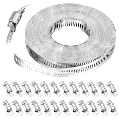 32.8FT Metal Strap + 24 Fasteners 304 Stainless Steel Hose Clamp Assortment Kit DIY Cut-To-Fit Adjustable Worm Gear Band Clamps for Pipe, Duct, Tube, and Fuel Line