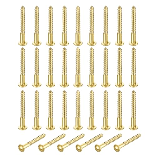 MECCANIXITY 35 Pcs Brass Screws, M3 x 30mm Solid Slotted Round Head Self-Tapping Wood Screw Fasteners for Woodworking Furniture Repair Photo Frame Drywall Home Appliances, Gold - size: M3 x 30mm