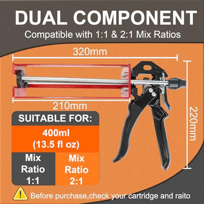 Epoxy Gun Dual Component 400ml – Manual 1:1 & 2:1 Ratio Adhesive Applicator for Epoxy, Urethane, Acrylic,High-Thrust 2-Part Adhesive Gun for Panel Bonding, Structural & Plastic Repair,Orange - size: 400 ml (1:1, 2:1)