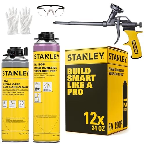 Stanley FA190P Subfloor Adhesive Kit (12x24 Oz) – Polyurethane Expanding Foam Construction Adhesive with Strong Bonding for Wood, Concrete, Metal – High Coverage | Gun&Cleaner Included | 12 Pack - size: 8 in Gun Set, style: 12 Pack