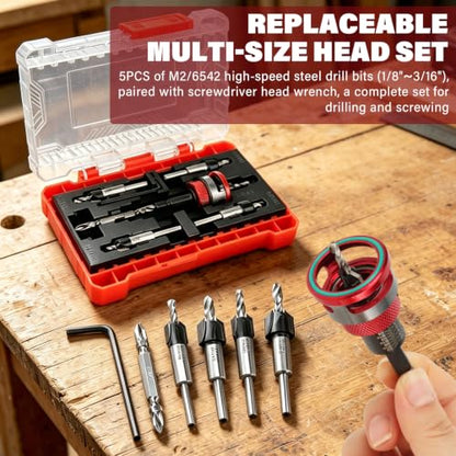 Countersink Drill Bits Set, Adjustable Depth Stop Collar, 5 HSS Wood Countersink & Counterbore Bits (1/8"–3/16") with Hex Shank, Countersink Bit with Wrench for 82 Degree Woodworking, Plywood and DIY