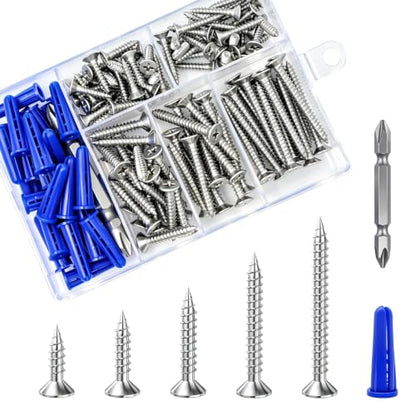 Wensilon (135Pcs) 304 Stainless Steel Wood Screw Quick Metal Self Tapping Flat Head with Drywall Plastic Anchors kit - size: SS304 Flat Head Wood Screws
