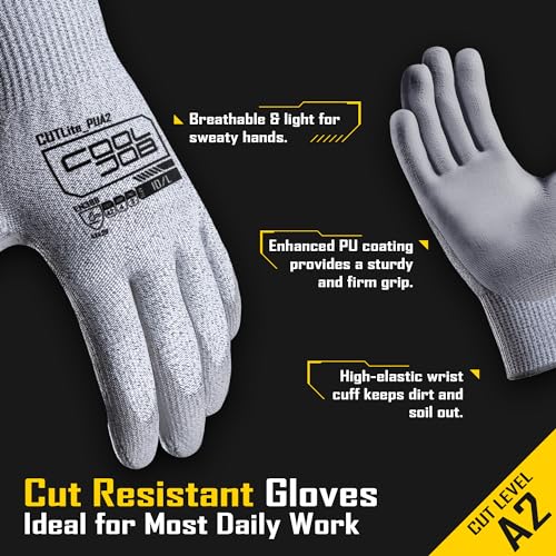 COOLJOB 12/120 Pairs Cut Resistant Work Gloves PU Coating, ANSI A2 A4 A6 A9 - size: Xlarge (Pack of 120)