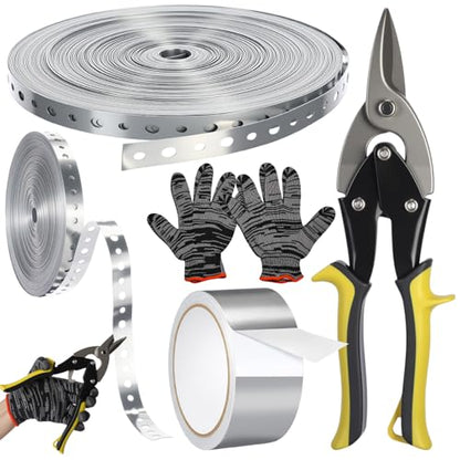 Galvanized Metal Pipe Strap & Aluminum Foil Tape Kit with 10" Aviation Tin Snips&gloves, 3/4” x 100ft 24-gauge Hanging Strap 2” x 65ft 3.9 Mil HVAC Foil Tape for DIY Ductwork Dryer Vent Pipe