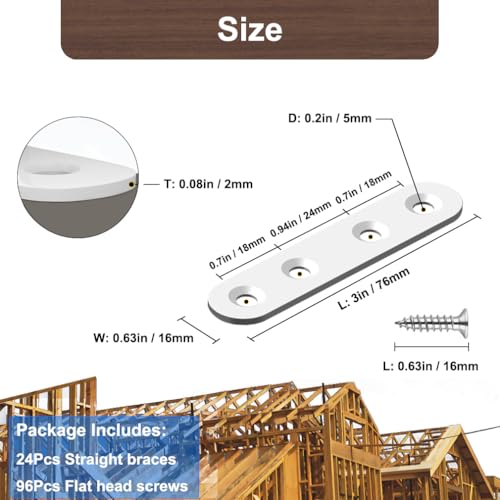 24 Pack Flat Brackets White Straight Braces 3 Inch Stainless Steel Mending Plates, Heavy Duty Repair Fixing Joining Metal Strip for DIY, Wood, Furniture, with Screws - size: White 3in x 0.63in Straight
