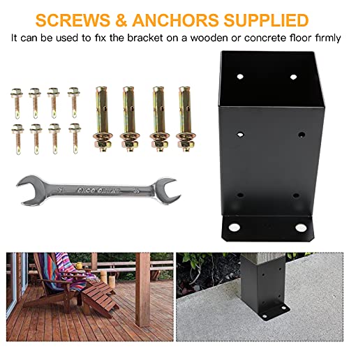 4 x 4 Post Base 6 PCS,Inner Size 3.6"x3.6"Deck Post Base,Heavy Duty Metal Black Powder Coated Post Brackets,for Pavilion Deck Railing Support Deck Base Plate, Support Bolt Down - size: 6 Pieces