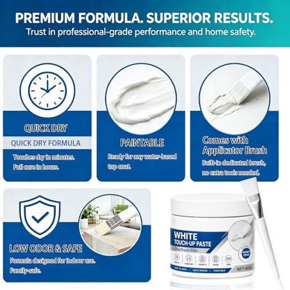 White Furniture Touch-Up Paste with Brush, 1.41 Oz, Wood Filler Wall Repair Cream for Scratches, Fit Tables Cabinets Wooden Floors Walls (1Pcs)