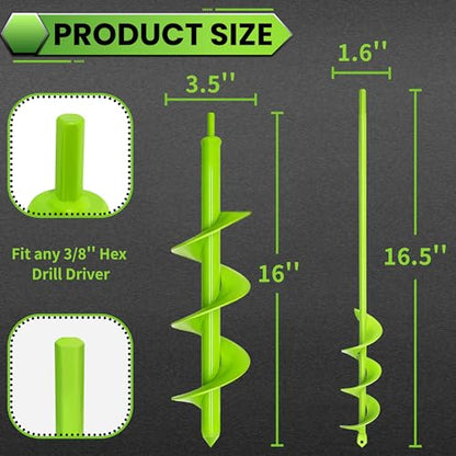 Auger Drill Bit for Planting - 1.6" X 16.5" + 3.5" x 16" Heavy-Duty Garden Auger Spiral Drill Bit - Bulb Planter Tool & Auger Post Hole Digger - 3/8" Hex Drive Drill - size: 1.6"x16.5"+3.5"x16"-Green