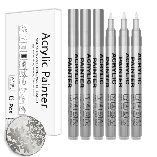 Silver Acrylic Paint Pens 6 Pcs Permanent Marker Pens Extra Fine - color: Silver