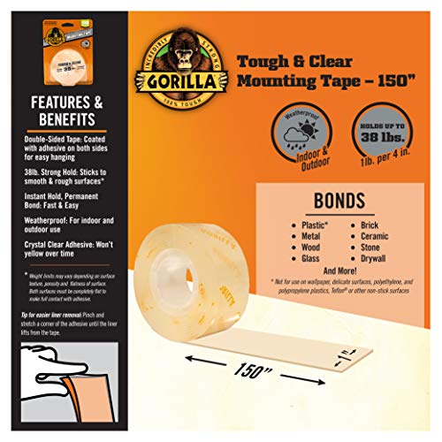 Gorilla Tough & Clear Double Sided Mounting Tape, Clear Tape, 1" x 150" - Weatherproof for Indoor or Outdoor (Pack of 6) - size: 6 - Pack
