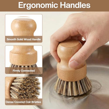 5 Pcs Bamboo Dish Brush Set Includes 1 Wooden Handle with 3 Natural Replaceable Bristle Heads and 1 Handheld Bamboo Wok Brush Scrubber for Dishes Pans Pots Fruit and Veggie Washing(Style B)