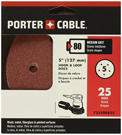 PORTER-CABLE 735500825 5-Inch 80 Grit Five-Hole Hook & Loop Sanding Discs (25-Pack) - style: 80G, 25-Pack