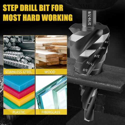 5PCS Four Spiral Flute Step Drill Bit Set&Heavy Duty Automatic Center Punch - size: 6 Pieces
