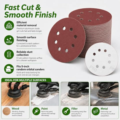 100 Pcs 5 Inch 8 Hole Sanding Discs, Round Hook and Loop Sandpaper for Random Orbital Sander (150 Grit) - size: 150 Grit