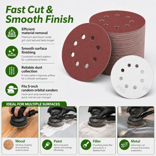 100 Pcs 5 Inch 8 Hole Sanding Discs, Round Hook and Loop Sandpaper for Random Orbital Sander (220 Grit) - size: 220 Grit