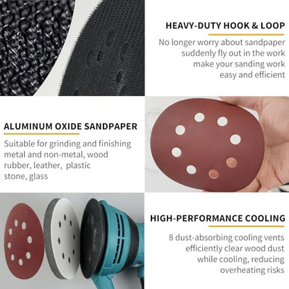 5 Inch 8 Holes Hook Loop Orbital Sander Metal Pad Replacement for Makita BO5010K BO5021 BO5030K BO5031K BO5041K with 4 PCS Foam & 36 PCS Sanding Discs 100 150 180 240 320 400 Grits - size: FIT 743081-8 & 743051-7