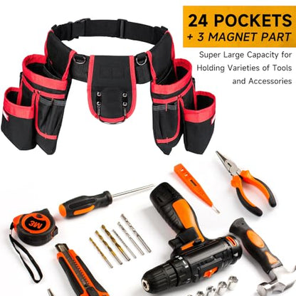 Tool Belt with 4 D-Rings,27-Pockets Tool Belts for Men,Construction - color: Red & Black, size: 27 Pockets