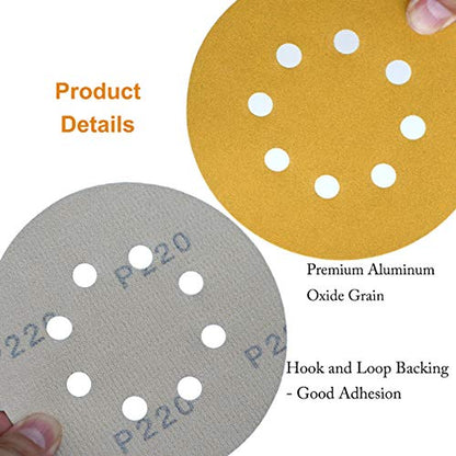 5-Inch 8-Hole Hook and Loop Sanding Discs 220-Grit, 100-Pack