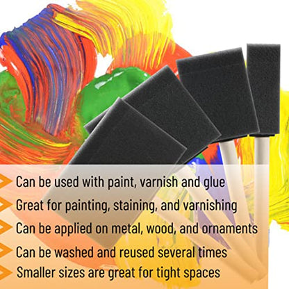 Bates- Foam Paint Brushes, 1”, 2”, 3" & 4”, 20 Pack, Wooden Handle - color: Black, size: 1”, 2”, 3" & 4”, 20 Pack
