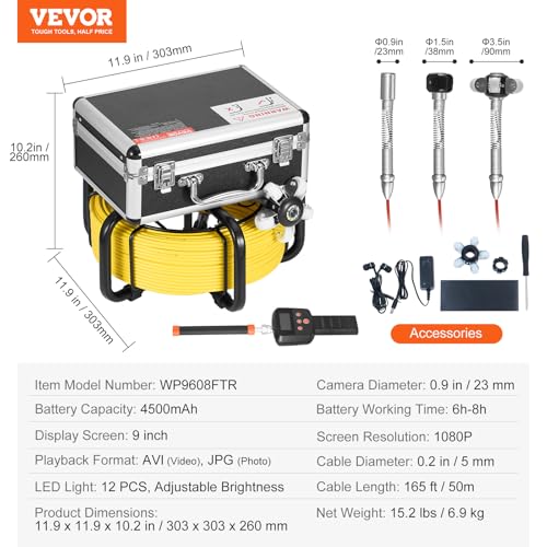 VEVOR Sewer Camera with 512Hz Locator,165 ft/50 m, Self-Leveling Drain Inspection Camera with 9" 1080P HD Screen, 36X Zoom, Snake Plumbing Camera with Lights-12 LED, 32GB SD Card for Duct Pipe - size: 165ft, style: 9" Screen with 512Hz Locator