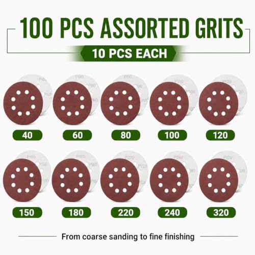 100 Pcs 5 Inch 8 Hole Sanding Discs, Round Hook and Loop Sandpaper for Random Orbital Sander (40/60/80/100/120/150/180/220/240/320 Mixed) - size: 40/60/80/100/120/150/180/220/240/320 Mixed