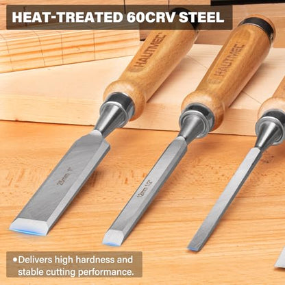 HAUTMEC Long Wood Chisel Set for Woodworking, 4-Piece Professional Wood Chisels with 60CR-V Steel Blades and Beech Handles for Carpenters, Framing & Mortise (1/4", 1/2", 3/4", 1")