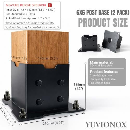 6x6 Post Base for Concrete, 2 Pack, 304 Stainless Steel - size: 6x6 for concrete floor only