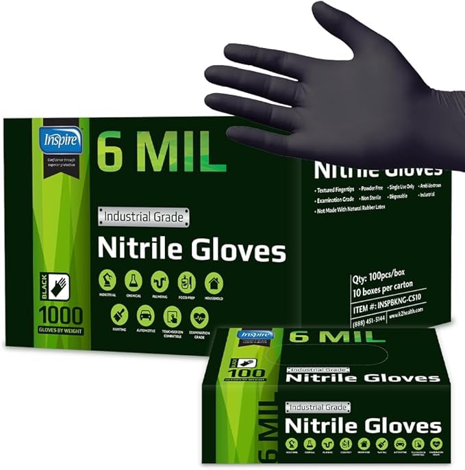 Inspire Black Nitrile Gloves HEAVY DUTY 6 Mil Nitrile Chemical Resistant Medical Cooking Cleaning Disposable Black Gloves - size: XXL, style: Black 6mil Case of 1000