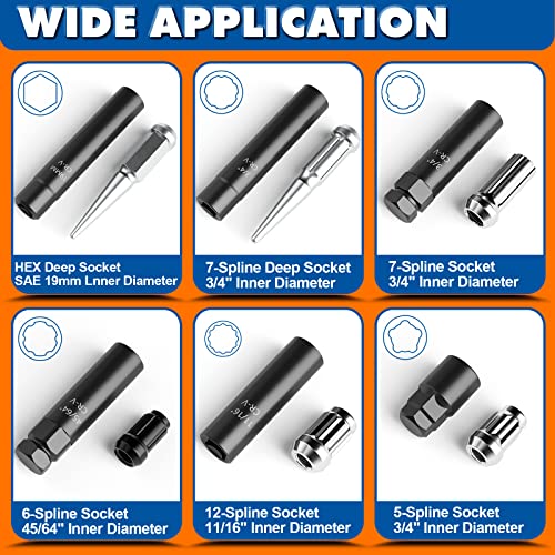 Dynofit 8-Piece Lug Nuts Key Kit, 5/6/7/12 Spline Lug Nuts Socket Set for Aftermarket Rims and Wheel Lock, with 1/2" Drive & Hex External Ends for Removal, Cr-V Steel - size: 8-Piece Set (5/6/7/12 Spline) with 1/2" Drive