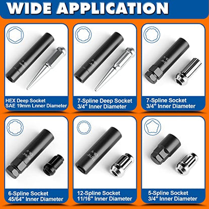 Dynofit 8-Piece Lug Nuts Key Kit, 5/6/7/12 Spline Lug Nuts Socket Set for Aftermarket Rims and Wheel Lock, with 1/2" Drive & Hex External Ends for Removal, Cr-V Steel - size: 8-Piece Set (5/6/7/12 Spline) with 1/2" Drive