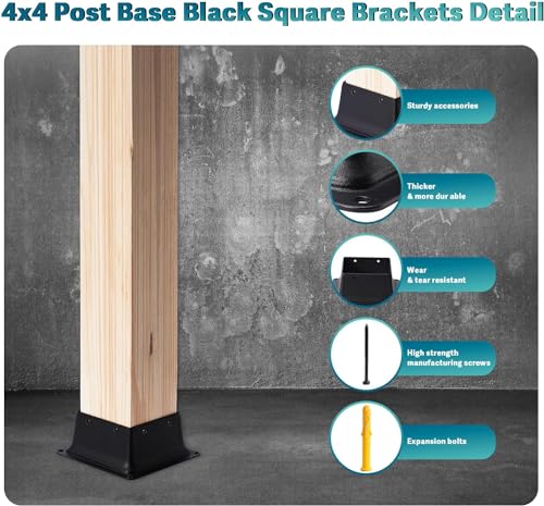 4 x 4 Post Base, 2 Pcs (Inner Size 3.6"x3.6"Deck Post Base) Heavy Duty Metal Black Powder Coated Post Brackets Fit for Standard Wood Post Anchor for Deck Porch Handrail Railing Support - size: 3.6X3.6-2PCS