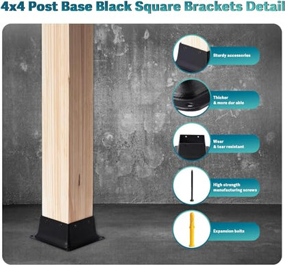 4 x 4 Post Base, 2 Pcs (Inner Size 3.6"x3.6"Deck Post Base) Heavy Duty Metal Black Powder Coated Post Brackets Fit for Standard Wood Post Anchor for Deck Porch Handrail Railing Support - size: 3.6X3.6-2PCS