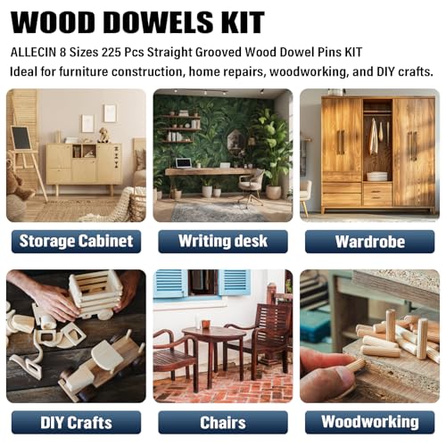 5 Sizes 250Pcs Wooden Dowel Pins Kit 1/4 3/8 5/16 Inch Small Fluted Wood Dowels Pegs Hardwood Pin for Furniture Woodworking Crafts