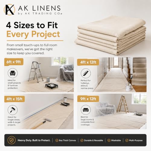 AK TRADING CO. Heavy Duty Canvas Drop Cloth, Painters Drop Cloth for Furniture & Floor Protection with Sturdy Double Stitched Edges (4 ft x 15 ft) - size: 4 ft x 15 ft