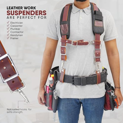 Heavy Duty Nylon and Leather Tool Belt with Cell Phone Pocket Work Suspender | Framing Tool Pouch | Carpenter | Construction | Framers & Electrician