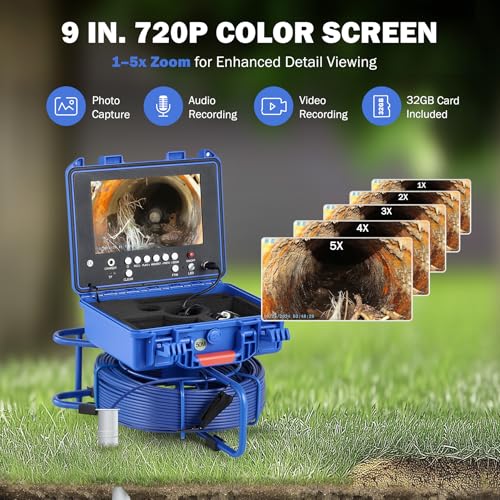 ZELCAN Self-Leveling Sewer Camera with Locator, Drain Camera 165FT with 9 in. LCD Screen, Waterproof IP68 Borescope Plumbing with 12 LED Lights, with 512Hz Transmitter and Receiver(32GB Card) - size: 9 in./165 ft.