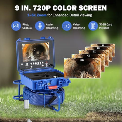 ZELCAN Self-Leveling Sewer Camera with Locator, Drain Camera 165FT with 9 in. LCD Screen, Waterproof IP68 Borescope Plumbing with 12 LED Lights, with 512Hz Transmitter and Receiver(32GB Card) - size: 9 in./165 ft.
