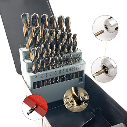 GMTOOLS 29Pcs Cobalt Drill Bit Set, 135 Degree Tip High Speed Steel with Black and Gold Finish, Stainless Steel, Plastic and Wood with Metal Indexed Storage Case 1/16"-1/2" - style: 29 pcs Black Gold