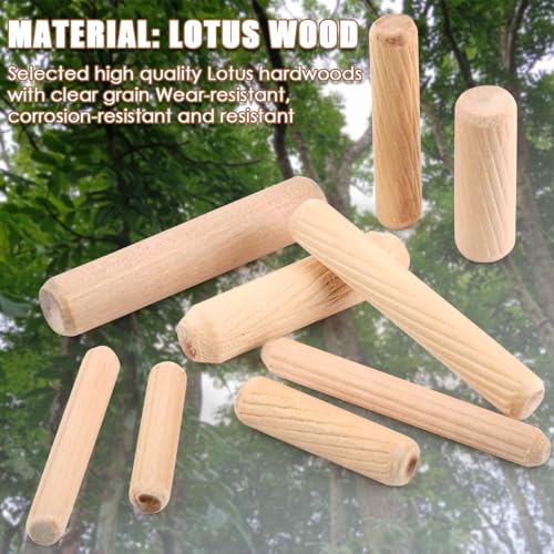 BUGYOO 200Pcs Wooden Dowel Pins with Tapered End with Bevel Angle Groove Wood Peg - 9 Sizes, Small Wooden Dowels Fluted Dowel Pins Assorted Used for Crafts, Furniture, Door, Woodworking