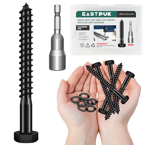 (10Sets) 3/8" x 3-1/2" Hex Head Lag Bolts, Heavy Duty Lag Screws with Washers, 304 Stainless Steel, 3/8 Bolt for Wood, Partial Thread, Black Oxide - size: 3/8" x 3-1/2"