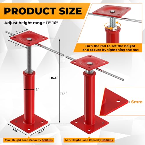 2-Pack House Jacks for Leveling with Adjusting Rod, 11"- 16" Height Range - color: Red, size: 11-16 in