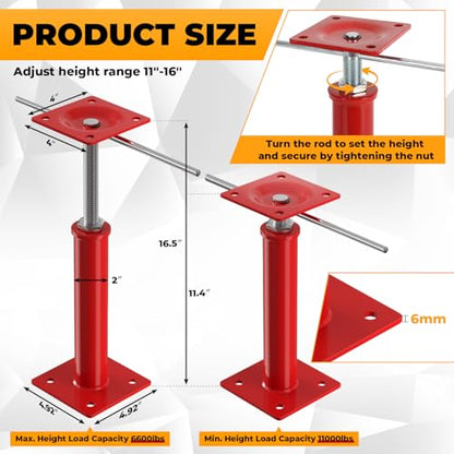 2-Pack House Jacks for Leveling with Adjusting Rod, 11"- 16" Height Range - color: Red, size: 11-16 in