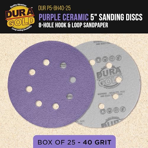 Dura-Gold 40 Grit 5" Purple Film Ceramic Sanding Discs, Box of 25, 8-Hole - style: 40 Grit