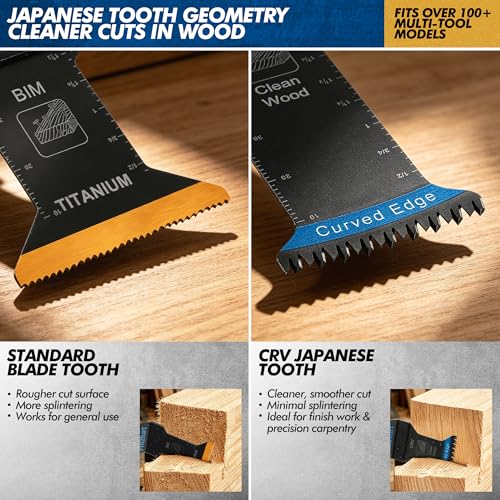 7PCS Oscillating Tool Blade Set - CRV Japanese Tooth, Titanium Bi-Metal & Scraper Blades, Extra Long/Extra Wide/Half Circle for Deep Cuts, Flush Trim & Adhesive Removal, 2 Adapters Included - size: 7pcs
